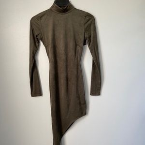 A’GACI Olive Green Suede Long Sleeve Asymmetrical Bodycon Dress. Size S.